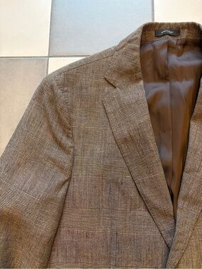 Massimo Dutti Brown Glen Plaid Wool Linen Blazer